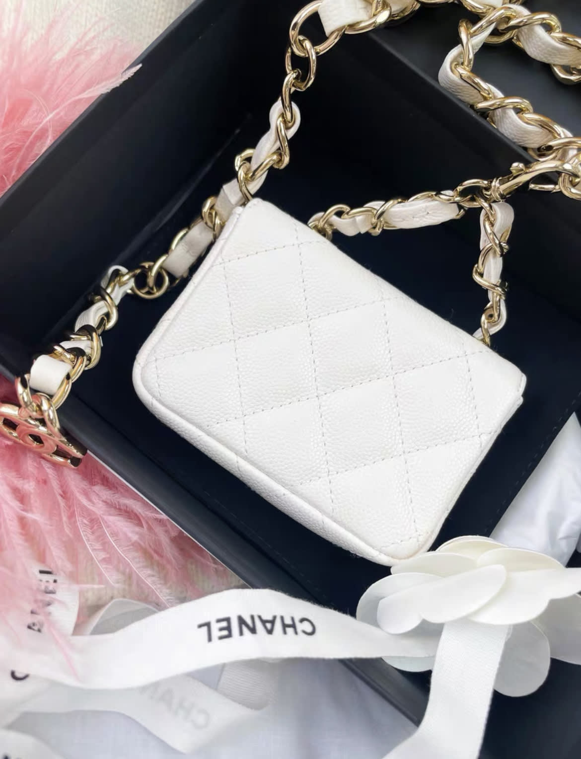 Chanel White Gold Lychee Leather Belt Bag
