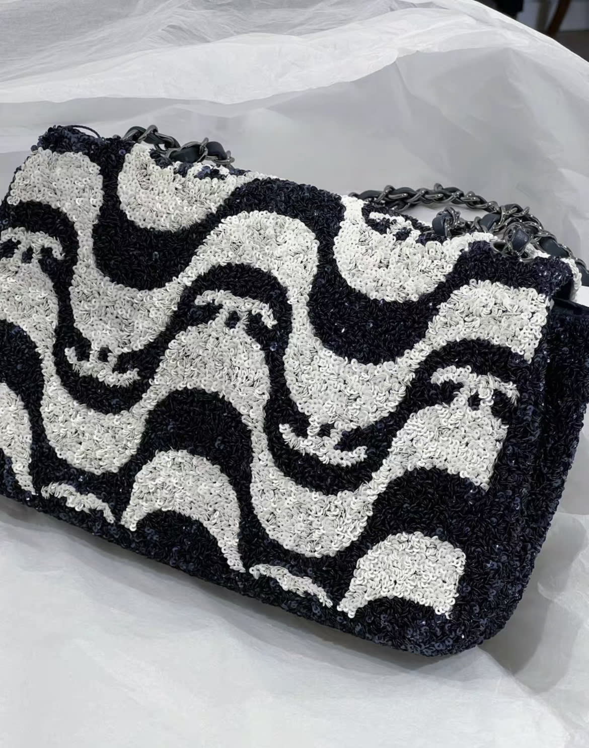 Chanel 21C Black And White Sequin Graffiti Logo Medium Classic Single Flap Ruthenium Hardware