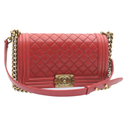 Chanel Boy Matelasse Chain Flap Shoulder Bag Leather Red CC Auth knn010