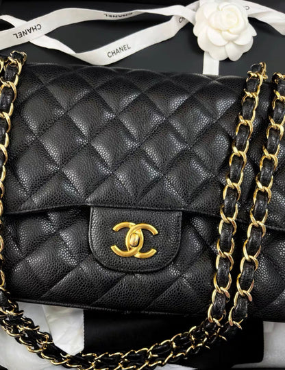 Chanel Black Lychee Leather Cf Large Jumbo Chain Bag
