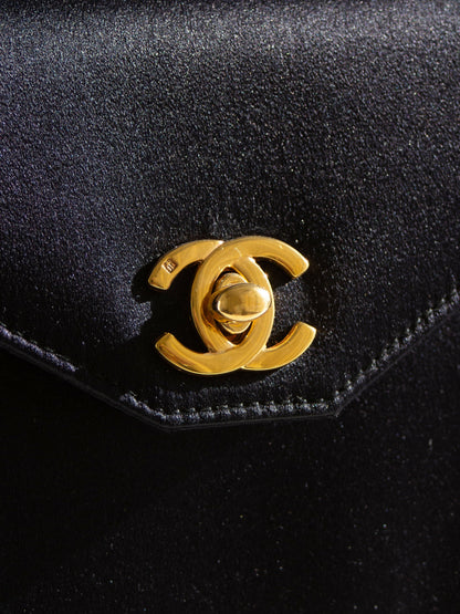 Chanel Kelly 1996 Black Satin 24K Gold Mini Evening Bag