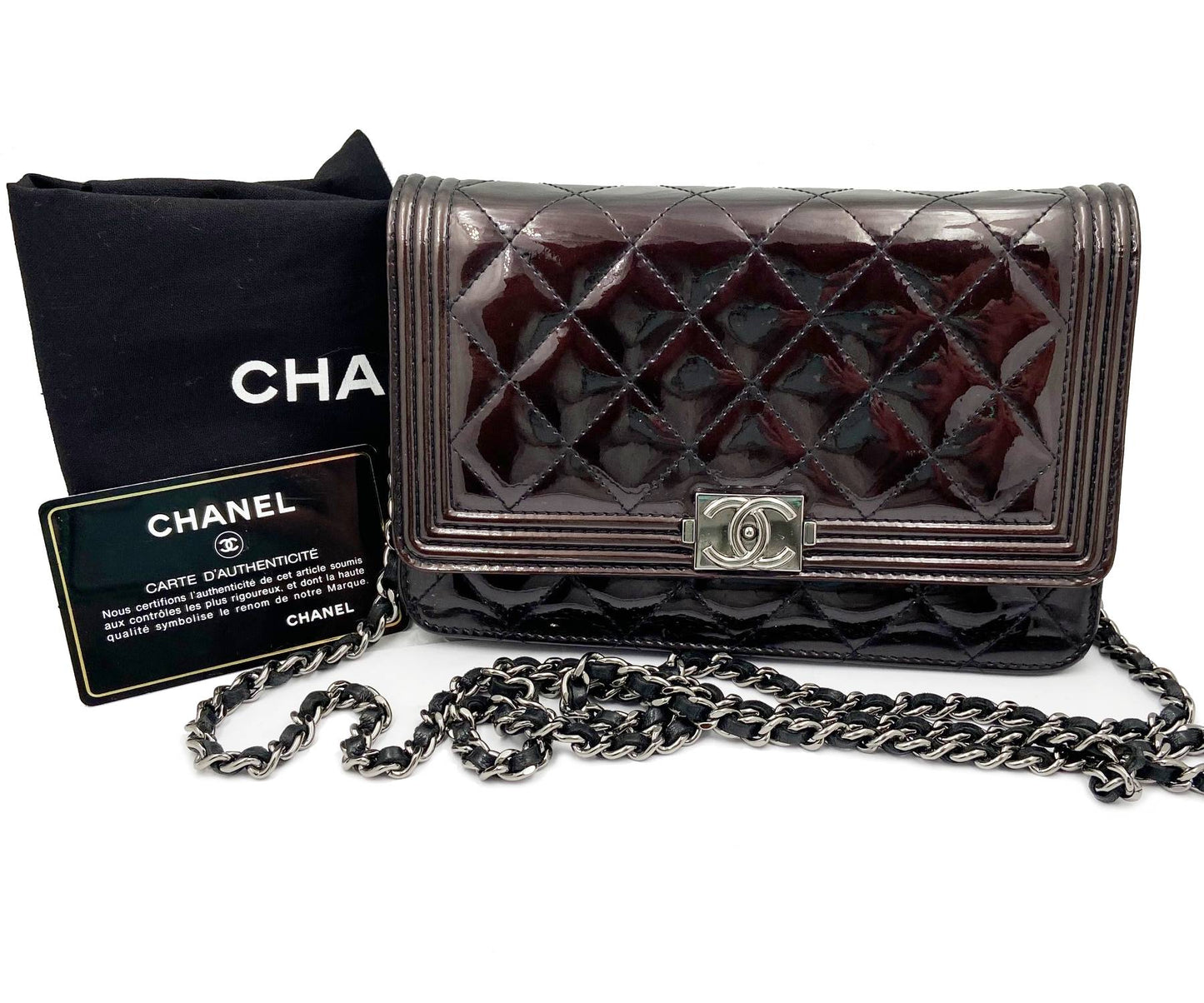 Chanel Burgundy Patent Leather Boy Wallet on Chain WOC Crossbody Bag