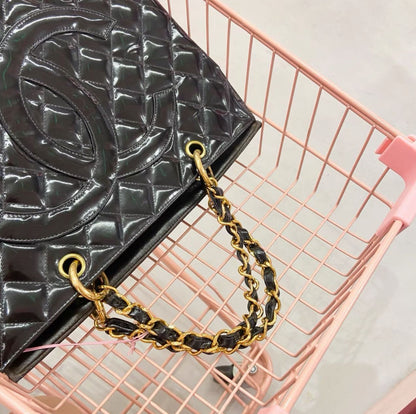 Chanel Black Quilted Patent Leather Large Tote Bag With Gold Hardware
