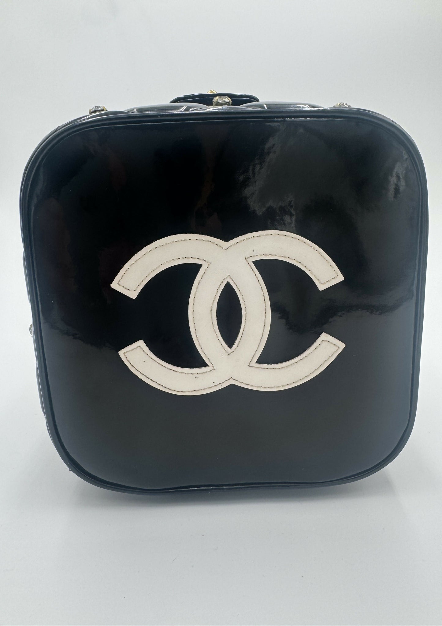 Chanel 1995 Barbie Black Rhinestone Heart-Mirror Vanity Case Bag
