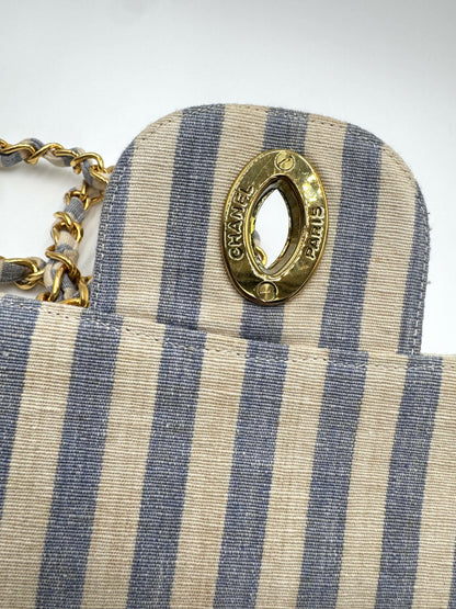 Chanel 1990S Jumbo Blue And White Striped Linen And Cotton Classic Flap Bag