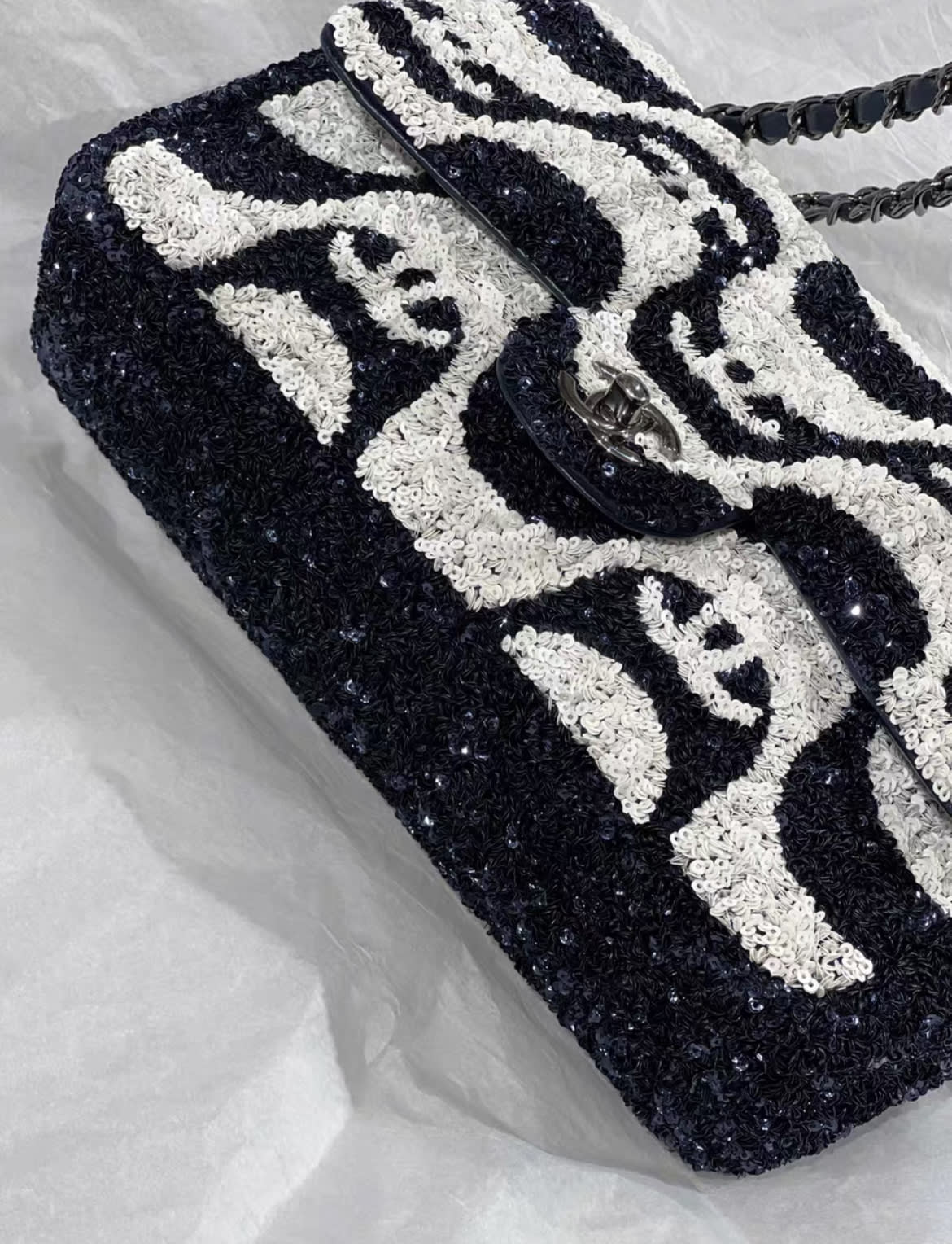 Chanel 21C Black And White Sequin Graffiti Logo Medium Classic Single Flap Ruthenium Hardware