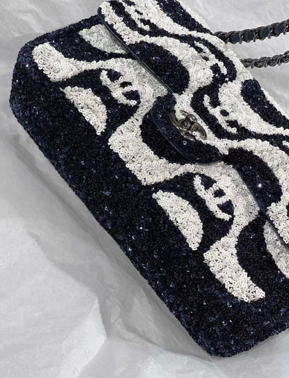 Chanel 21C Black And White Sequin Graffiti Logo Medium Classic Single Flap Ruthenium Hardware