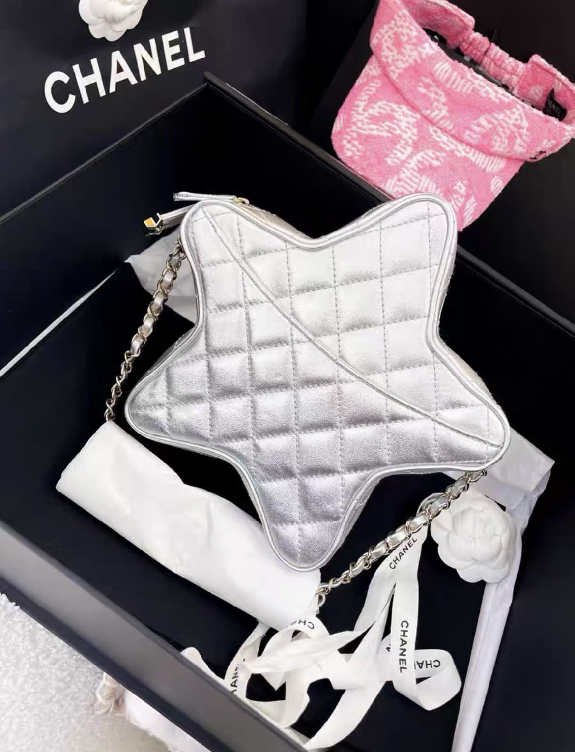 24C Chanel Silver Metallic Lambskin Star Logo Runway Bag Nwt