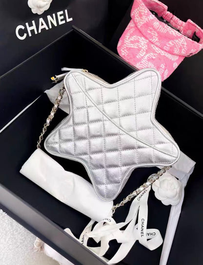 24C Chanel Silver Metallic Lambskin Star Logo Runway Bag Nwt