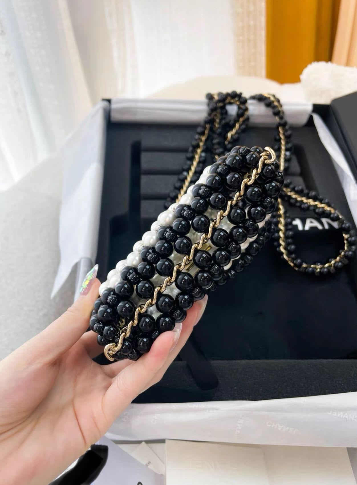 Chanel 22S Black White Pearl Evening Bag