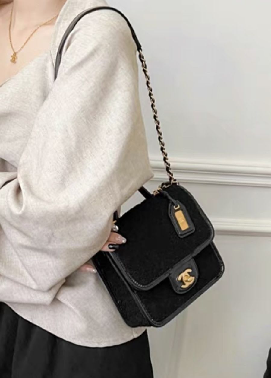 Chanel 22Aw Black Tweed Patent Leather Chain Bag