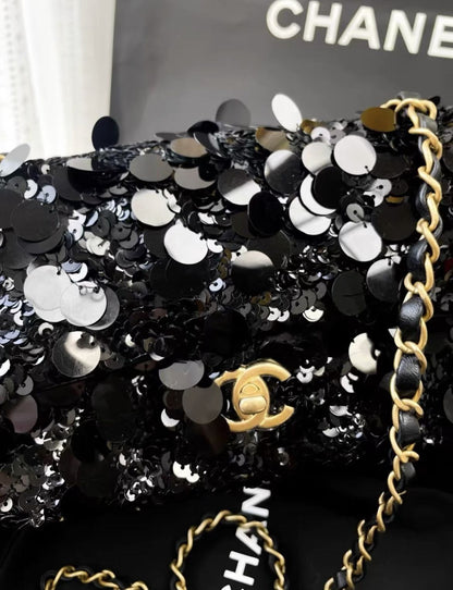 Chanel 22 Black Sequin Cf Large Mini Chain Bag