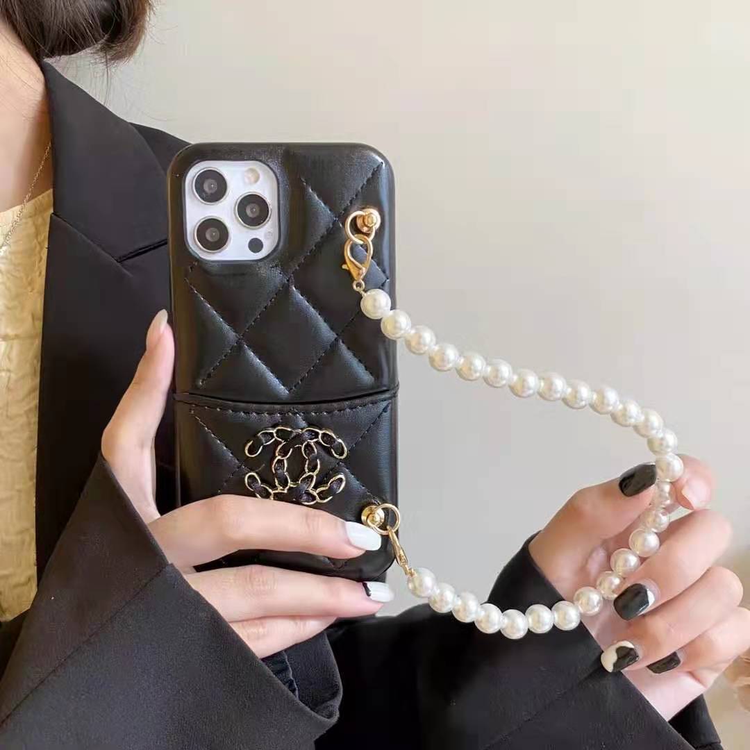 Leather card pearl bracelet phone case For iphone