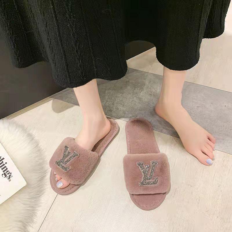 Women's Luxury diamond Home Shoes Flat Slippers Faux Fur plush slippers