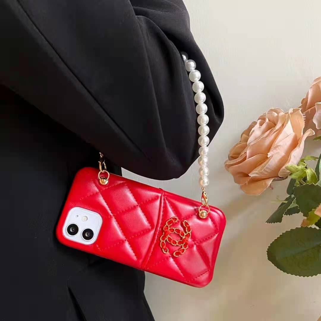 Leather card pearl bracelet phone case For iphone
